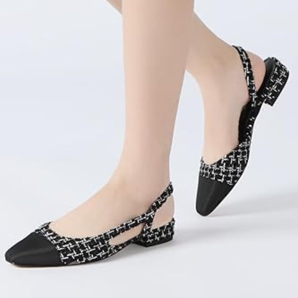 New w/ Tags Athlefit Black White Tweed Slingback Flats Cap Toe [Size 7.5]